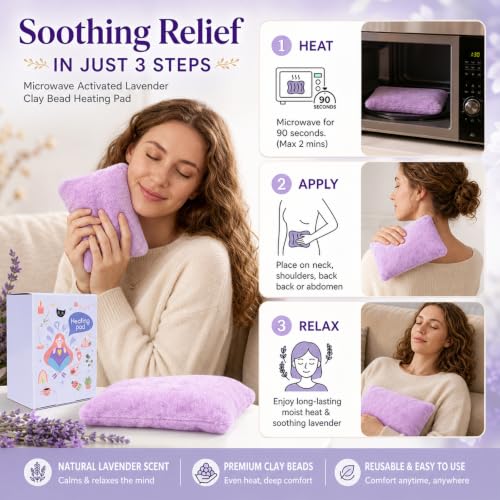 Microwavable Heating Pad with Ultra-Soft Plush Cover, 8×5" Clay Ball Heat Pack for Cramps, Neck, Back & Shoulder Pain Relief, Moist Hot Cold Therapy, Washable Cover, Purple
