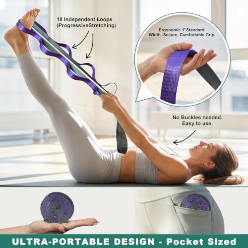 Acozycoo Stretching Strap with Loops for Leg Calf Back Physical Therapy - color: Purple