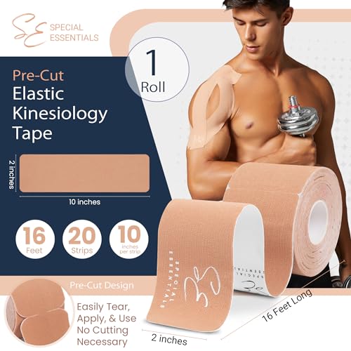 Special Essentials Kinesiology Tape - Premium Cotton Waterproof Sports Tape for Targeted Muscle Support, Pain Relief, & Enhanced Performance 20 Count, 10” Precut & Uncut Strips (Precut, Brown)