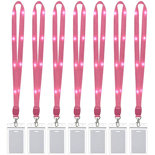 Christmas LED Light Up Flashing Cruise Lanyards Keychain Key Holder Neck Straps Necklace - color: Pink - (7 Pack With 7 Pack Plastic Badge Holder)