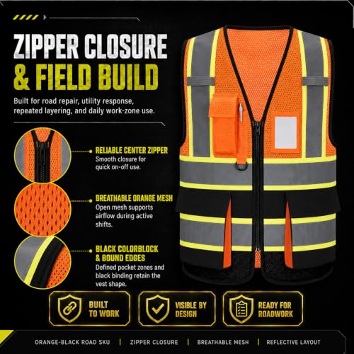 A-SAFETY Mesh High Vis Vest, Reflective Construction Vest with Pockets - color: Orange&black, size: 6-8X-Large