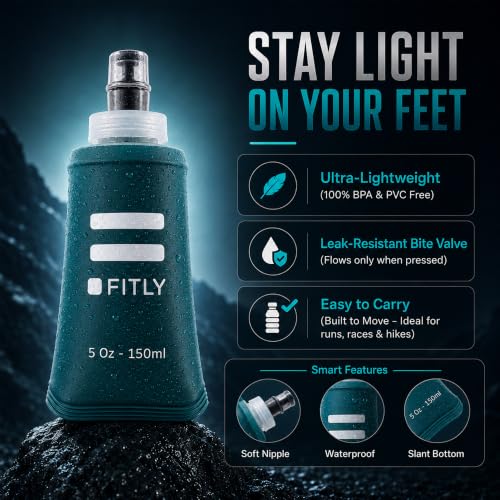 FITLY Soft Flask Running Water Bottle - Collapsible Hydration Flask - color: Petrol Blue, size: 5 Ounces
