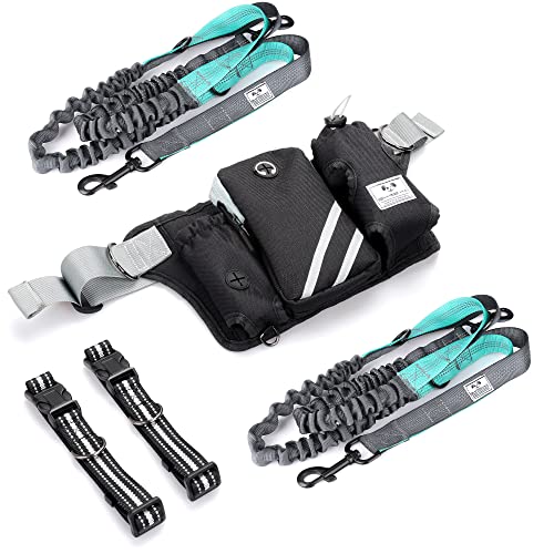 SHINE HAI Retractable Hands Free Dog Leash with Dual Bungees for 2 Dogs, Adjustable Waist Belt Fanny Pack, Reflective Stitching Leash for Running Walking Hiking Jogging Biking Black - color: Blue/Black