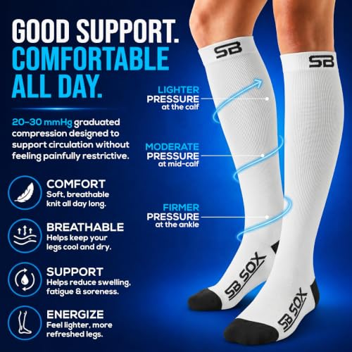 SB SOX Compression Socks for Men & Women (20-30mmHg) - color: White/Black, size: Small