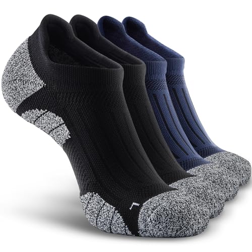 Men's No Show Compression Athletic Socks, Cushioned for Running Hiking - color: Black-2 & Navy Blue-2 (4 Pairs), size: Large