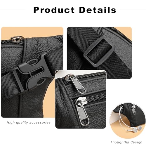Leather Belt Bag,Black Belt Bag Mens Fanny Pack Crossbody 3-Zipper Pockets Phone Bag Fits All Phones Wallet Keys, Casual Hands-Free Waist Pack For Travel Workout Running Gifts