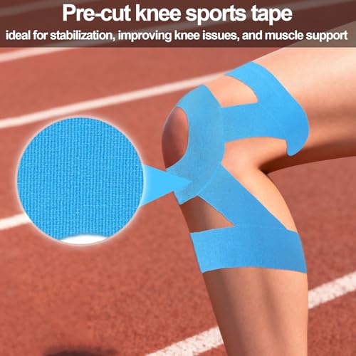 12pcs Precut Kinesiology Tape for Knees, Breathable & Waterproof Knee Supports Stickers Tape Flexible Elastic Athletic Strips Supplies for Sports & Stability (Blue)
