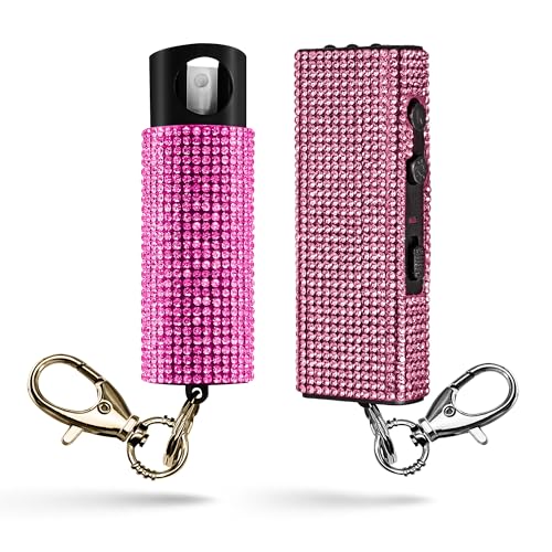 Guard Dog Security Bling It On Stun Gun and Pepper Spray for Self Defense, Fashionable Self-Defense Keychain Set for Women, Glow-in-the-Dark Actuator, 16-Ft Range, USB Rechargeable - color: Pink