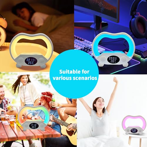 IHAO 6in1 Multi Functional Wireless Charger Bluetooth Speaker Time&Temperature Display Alarm Clock 7-Color LED Night Lights Fast Charger for Phone Apple Watch Earbuds Remote Control-White - color: Wireless Charger Alarm Clock Zs932 White