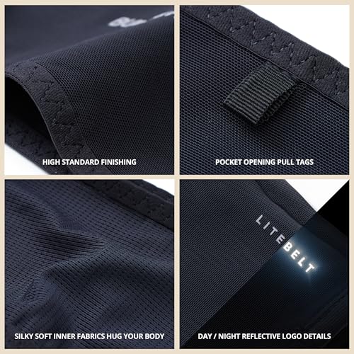 Build & Fitness LiteBelt Running Belt – 4 Quick Top-Access Pockets –Flip Waist Pack, Running Phone Holder – Fits All Size Phones, Keys, Cards, Earpods, GUs – for Men and Women (Black, L) - size: Large