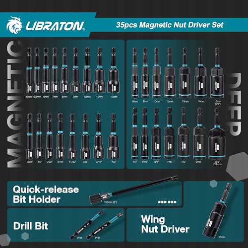 LIBRATON Magnetic Nut Driver Set, 35PCs Impact Driver Bit Set, Metric & SAE