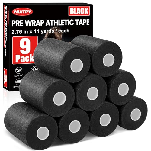 9 Pack Black Pre Wrap Tape, 2.76 Inch x 11 Yards Prewrap Athletic Tape - color: Black