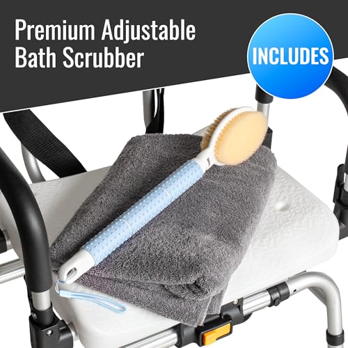 DMI 360 Max Comfort Swivel Shower Chair & Transfer Bench, Extra-Wide 360lb Capacity, Non-Slip & Padded Arms, Bonus Adjustable Back Scrubber - style: Sliding + 360° Swivel