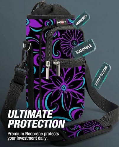 AUPET Water Bottle Sling Bag Sleeve Holder Carrier 25/32/40/64 oz,Insulated Crossbody Water Bottle Case Cover with Strap and Pockets for Men/Women Walking Hiking - color: purple flower, size: 25oz