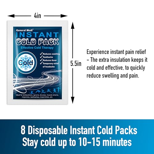General Medi Instant Ice Cold Pack (4”x 5.5”) – 8 Packs Disposable Cold Therapy Ice Packs for Pain Relief, Swelling, Inflammation, Sprains, Toothache – for Athletes & Outdoor Activities - size: 8 Packs (4”x 5.5”)