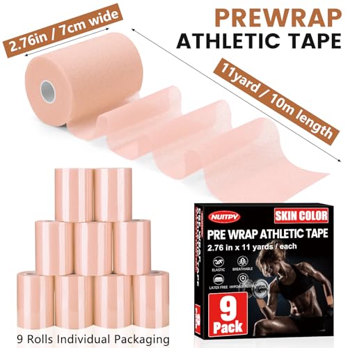 9 Pack Skin Color Pre Wrap Tape, 2.76 Inch x 11 Yards Prewrap Athletic Tape - color: Skin Color