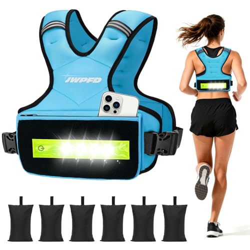 Adjustable Weighted Vest for Women Men, 6-15 Lbs/12-18 Lbs Rucking Vest with LED Light Strips, Weight Vest with 6 Ironsand Weights, and Zipper Pocket for Strength Training, Walking, Running - color: Blue