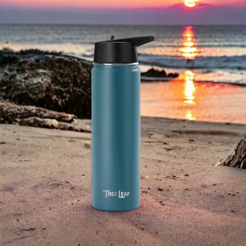 Travel Water Bottle with 3 Lids (Spout, Straw, Flip) Leak Proof, Quality, Vacuum Insulated, Stainless Steel (Cascade Teal, 22 oz) - color: Cascade Teal, size: 22 Ounces