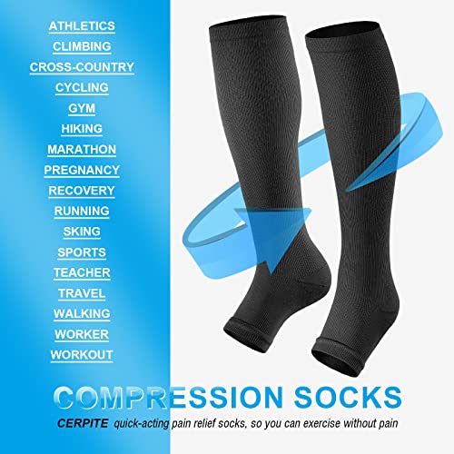 Toeless Compression Socks 15-20 mmHg, 2 Pairs open toe Knee High Support - color: C - Black/Beige, size: Large-X-Large