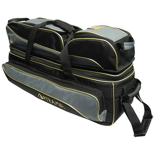 Pyramid Path Triple Tote Roller Plus Bowling Bag with Detachable Shoe Bag (Fits US Mens Size 15), Accessory and Side Pocket, Lightweight Travel Design - color: Black/Gold/Grey 24K Edition