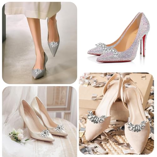 4 Pcs Rhinestone Shoe Clips for Women Dress Shoes, Detachable Crystal Shoe Charms, Silver Sparkly Shoe Buckle Decorations for Wedding Bridal Prom Party High Heels