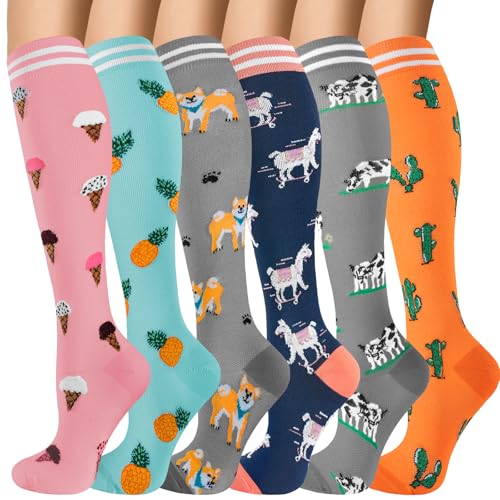 6 Pairs 20-30 mmHg Knee High Compression Socks, Unisex, Running, Travel - color: E-cow, size: Small-Medium