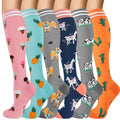 6 Pairs 20-30 mmHg Knee High Compression Socks, Unisex, Running, Travel - color: E-cow, size: Small-Medium