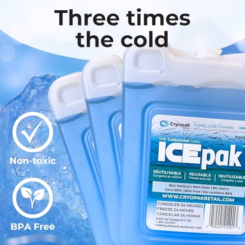 Cryopak ICEpak Hard Shell Reusable Ice Packs for Coolers and Lunch Box Use, Freezer Safe Gel Design, Professional Grade Cooling, Non-Toxic and BPA Free, Essential Travel Accessories - size: Medium (3 Pack)