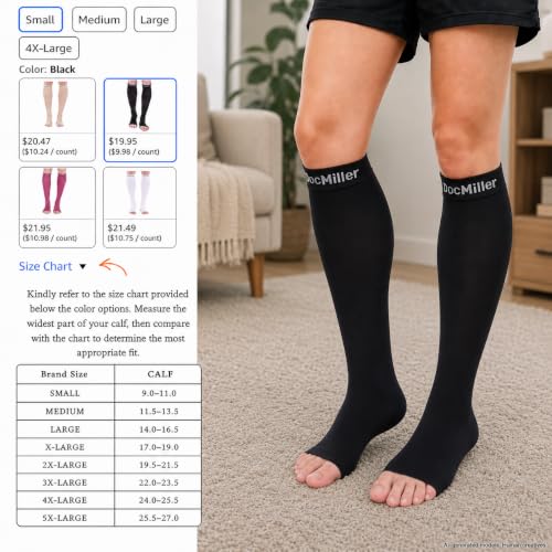 Doc Miller Open Toe Compression Socks, 20-30 mmHg, Knee High, Men & Women - color: Dark Blue, size: Medium