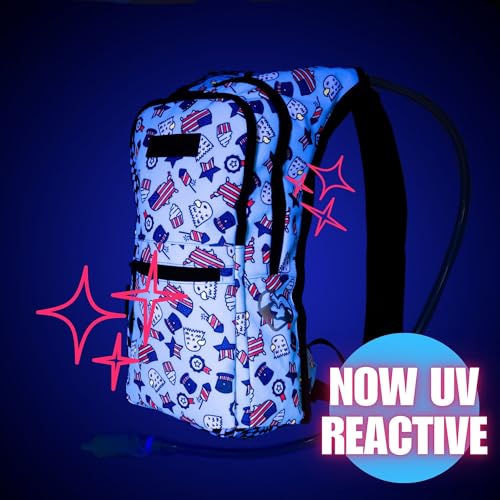 Kandies World Reflective Festival Hydration Pack - 2L Hydropack for Raves, Hiking, Biking, Running, and More (with Anti-Theft Pocket) - style: USA