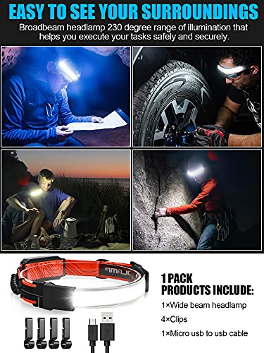 LED Headlamp Flashlight 8Packs, 1000L 230° Broadbeam Headlight, USB Rechargeable Head Lamp with Red Taillight, Lightweight Waterproof Headlamps for Camping Running Hiking, Hard Hat Headlamp - color: 230° Red 8PC