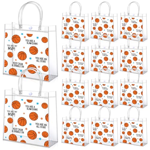 Aliceset 12 Pcs Basketball Gift Bags Bulk Transparent Basketball Goodie Bags with Handles Reusable PVC Gift Totes for Game Day Sports Birthday Parties Team Events Gifts Treat - style: Basketball