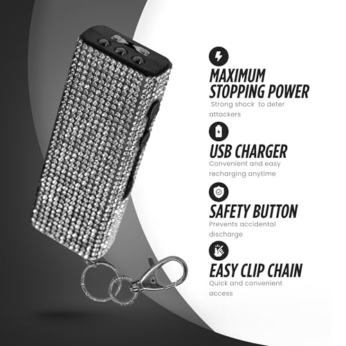 Guard Dog Security Bling It On Stun Gun and Pepper Spray for Self Defense, Fashionable Self-Defense Keychain Set for Women, Glow-in-the-Dark Actuator, 16-Ft Range, USB Rechargeable - color: White