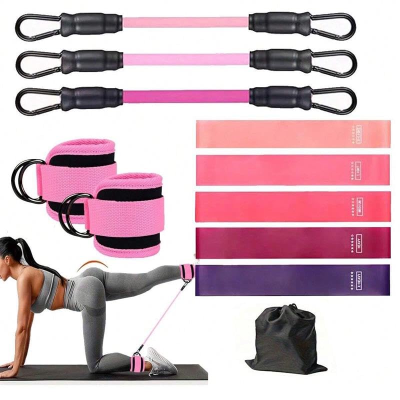 Ankle Resistance Bands with Cuffs - Piece Set for Home & Gym Workouts, 3 Levels Ankle Bands, 5 Mini Resistance Bands, 2 Ankle Straps for Cable Machines Women - color: Pink