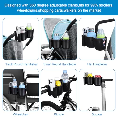 Accmor Stroller Cup Holder with Phone Holder, Bike Cup Holder, Walker Scooter Wheelchair Cup Holder Attachment, Universal Cup Holder for Uppababy Graco Strollers - color: Double Holder-All Black Texture