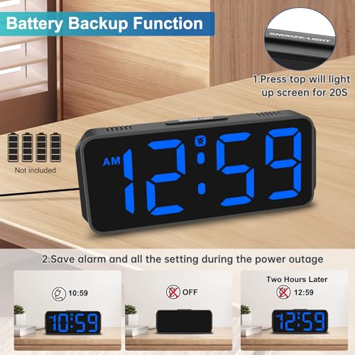 Peakeep Small Digital Alarm Clock for Bedroom, Large Number, Battery Backup - color: Blue Digits (Plug-in, Ultra-compact)