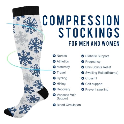 Snowflake Red Christmas Compression Sock for Women Men Funny Support Knee High Socks Running,Nurses,Travel - color: Sliver Blue Snowflake