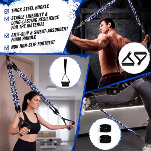 Arrowbash 4 Tube Foot Pedal Resistance Band 100lbs Adjustable Stirrup Puller Exercise Bands with Handles Ankle Cuffs Camouflage Blue Multifunction Home Gym Equipment for Men Women Full Body Workout