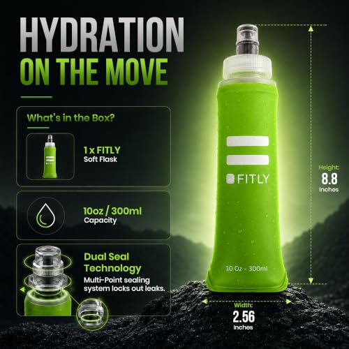 FITLY Soft Flask Running Water Bottle - Collapsible Hydration Flask - color: Green, size: 10 Ounces