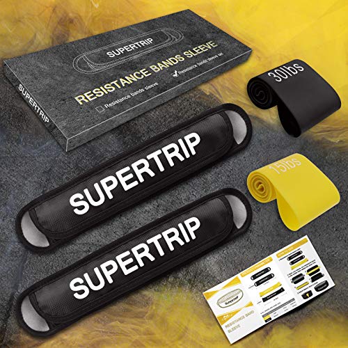 Supertrip Resistance Loop Bands with Protective Sleeves Booty Bands for Women Men 2 Pack Latex Resistance Bands and 1 Pair Non-Slip Functional Sleeves Nylon Webbing Neoprene Padding