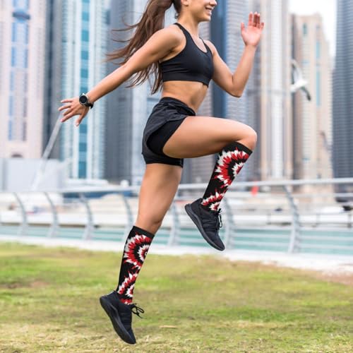 Compression Socks Knee High Circulation Support Socks For Women Men Athletic Running Hiking Travel - color: Red Black Tie Dye