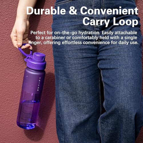 OLDLEY 32 oz Water Bottle with Handle, BPA-Free Tritan Reusable Sports Water Bottle with Leak-Proof Dust Lid, Wide Mouth, Cup Holder Friendly, Half Frosted Clear Bottle for Gym, Travel, Work,Purple - color: Purple