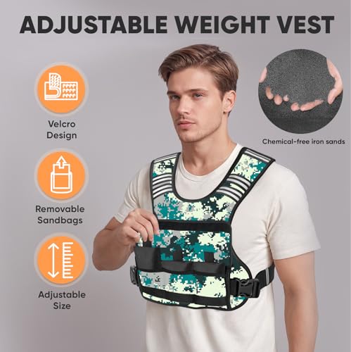 APEXUP Adjustable Weighted Vest, 4-10lb/12-18lb/20-32lb Vest with 6 Ironsand Weights and Large Pocket, Weight Vest for Men Women Strength Training, Running, Walking - color: Digital Camo, size: 4-10lbs