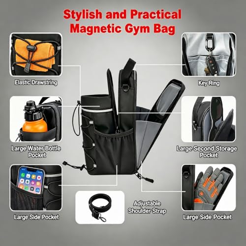 Magnetic Gym Bag , 20/36/46oz Heavy -Duty Magnetic Gym Bag with Strong Magnets, Sports Crossbody Water Bottle Holder with 5 big Pocket & Shoulder Strap,Sling Bag for Travel, Gym Accessories