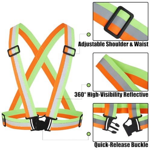 5 Pack Reflective Safety Vest for women, men and kids, Lightweight & Adjustable hi vis vest for Running, Cycling, Rucking - color: Neon Green/Orange