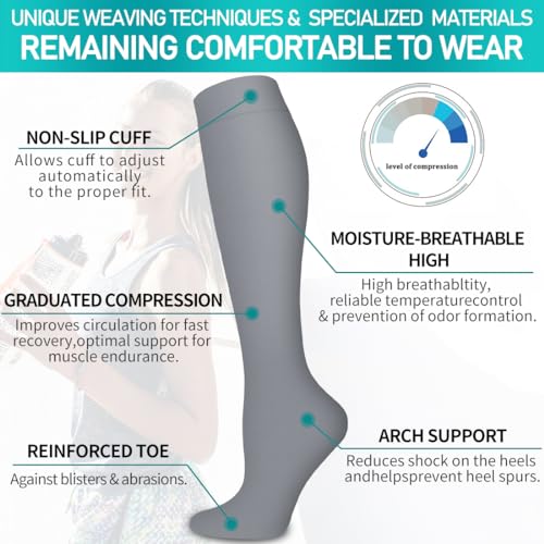 COOLOVER Copper Compression Socks for Women and Men(6 Pairs)-Best Support for Running, Athletic, Travel - color: 05 Red/Pink/Blue/Green/Gray/Black, size: Large-X-Large