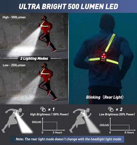 Topward Running Lights for Runners USB-C Rechargeable, Chest Headlamp with 500 Lumen Adjustable Beam, Safety Light for Walking Dog at Night - color: Green