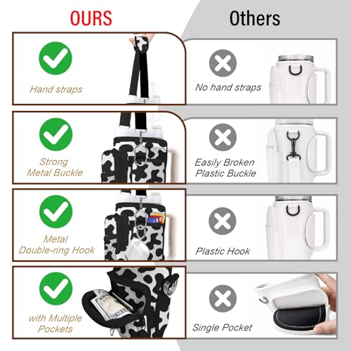 Water Bottle Carrier Bag for Stanley Cup 40/30oz, Neoprene Water Bottle Holder Pouch with 3 Pocket Adjustable Shoulder & Hand Strap - color: Cute Cow Print