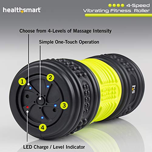 HealthSmart 4-Speed Vibrating Exercise Roller Foam FSA/HSA Eligible – Deep Tissue Massage Muscle Recovery & Pain Relief for Full Body | Electric Foam Roller for Physical Therapy & Workout