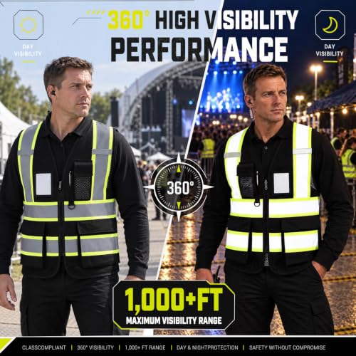 A-SAFETY Mesh High Vis Vest, Reflective Construction Vest with Pockets - color: Black, size: X-Large